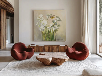 White Calla Lilies by Danhui Nai. Shown as extra-large giant wall art in a modern living room. Available as an archival giclee rolled canvas, fine art paper, or poster print. SKU 93198a.