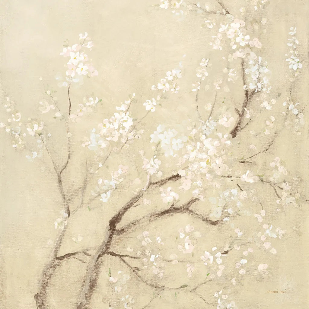White Cherry Blossoms I Linen Crop by Danhui Nai. SKU 64342a. Archival Giclee Fine art print for wall decor.