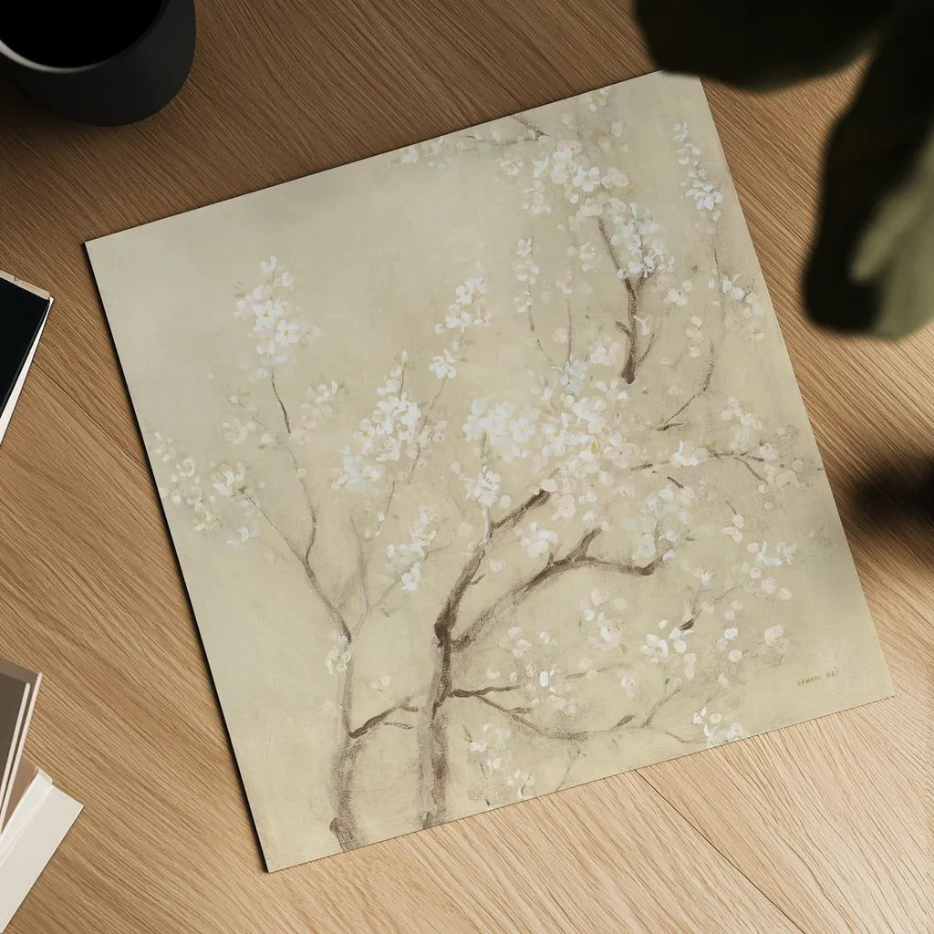 White Cherry Blossoms I Linen Crop by Danhui Nai. Shown as a detailed flat fine art print, highlighting archival giclee quality. Available as an archival giclee rolled canvas, fine art paper, or poster print. SKU 64342a.
