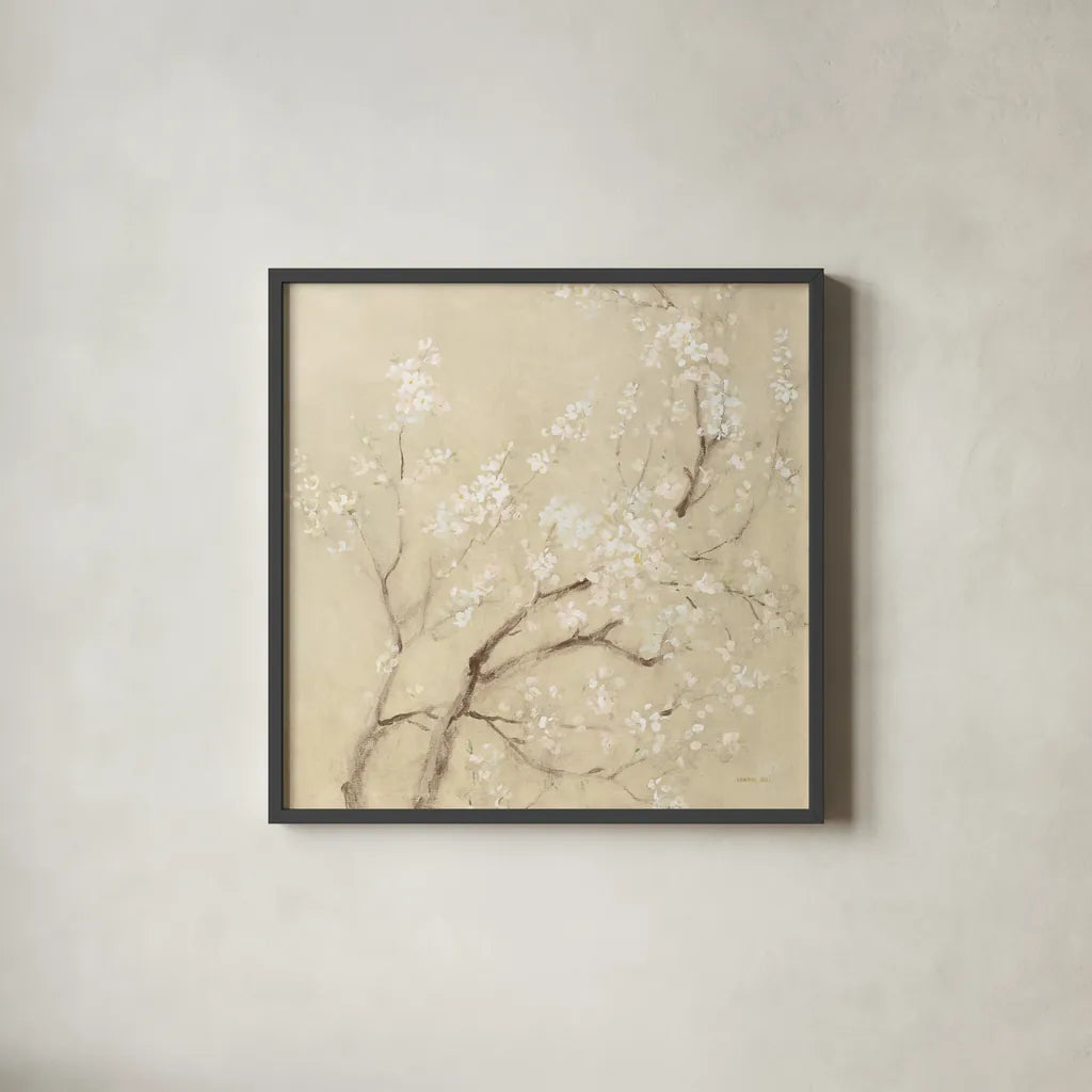 White Cherry Blossoms I Linen Crop by Danhui Nai. Shown in a sleek black glass frame for a contemporary gallery look. Available as an archival giclee rolled canvas, fine art paper, or poster print. SKU 64342a.