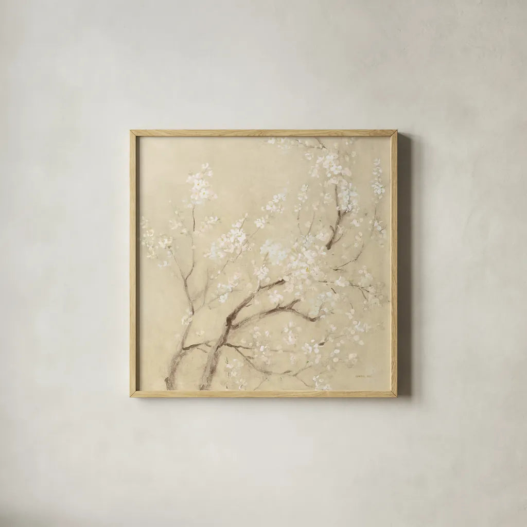 White Cherry Blossoms I Linen Crop by Danhui Nai. Shown in a natural wood glass frame for a timeless modern aesthetic. Available as an archival giclee rolled canvas, fine art paper, or poster print. SKU 64342a.