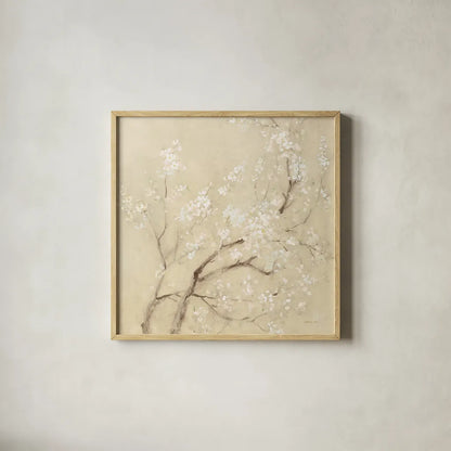 White Cherry Blossoms I Linen Crop by Danhui Nai. Shown in a natural wood glass frame for a timeless modern aesthetic. Available as an archival giclee rolled canvas, fine art paper, or poster print. SKU 64342a.