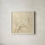 White Cherry Blossoms I Linen Crop by Danhui Nai. Shown in a crisp white glass frame for a clean and minimalist style. Available as an archival giclee rolled canvas, fine art paper, or poster print. SKU 64342a.