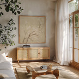 White Cherry Blossoms I Linen Crop by Danhui Nai. Shown in a natural wood frame in a cozy modern living room. Available as an archival giclee rolled canvas, fine art paper, or poster print. SKU 64342a.