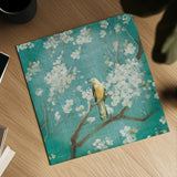 White Cherry Blossoms I on Blue Aged by Danhui Nai. Shown as a detailed flat fine art print, highlighting archival giclee quality. Available as an archival giclee rolled canvas, fine art paper, or poster print. SKU 58676a.