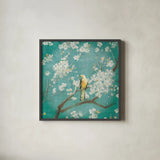 White Cherry Blossoms I on Blue Aged by Danhui Nai. Shown in a sleek black glass frame for a contemporary gallery look. Available as an archival giclee rolled canvas, fine art paper, or poster print. SKU 58676a.