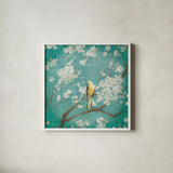 White Cherry Blossoms I on Blue Aged by Danhui Nai. Shown in a crisp white glass frame for a clean and minimalist style. Available as an archival giclee rolled canvas, fine art paper, or poster print. SKU 58676a.