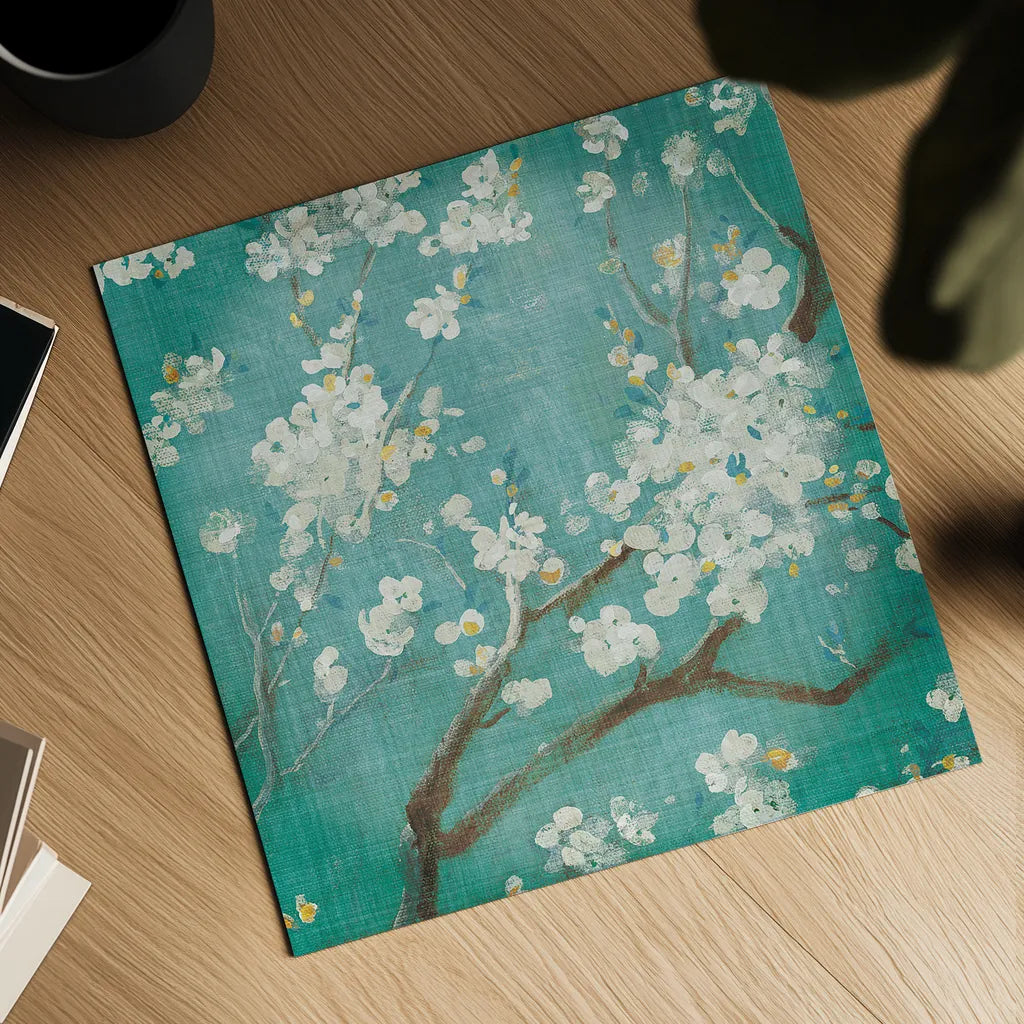 White Cherry Blossoms I on Blue Aged No Bird - 12x12 by Danhui Nai. Shown as a detailed flat fine art print, highlighting archival giclee quality. Available as an archival giclee rolled canvas, fine art paper, or poster print. SKU 13840a.