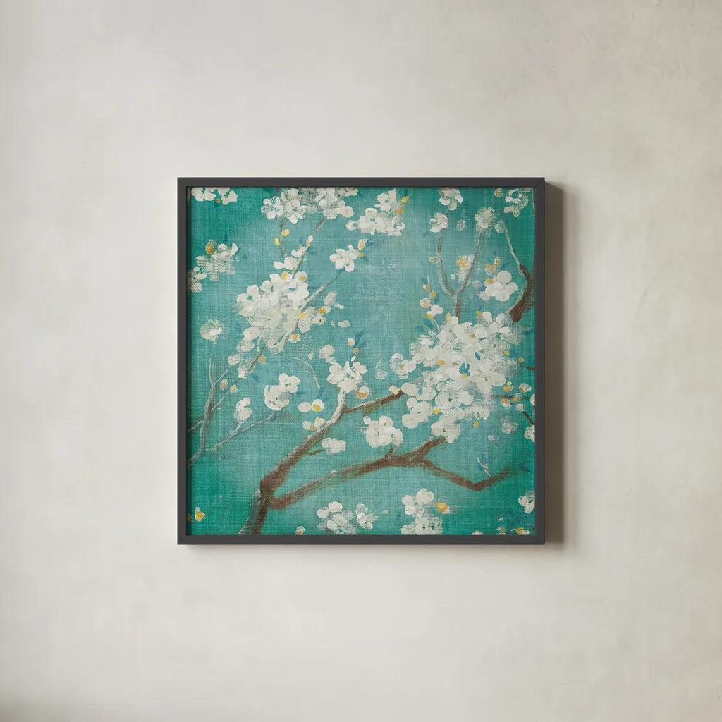 White Cherry Blossoms I on Blue Aged No Bird - 12x12 by Danhui Nai. Shown in a sleek black glass frame for a contemporary gallery look. Available as an archival giclee rolled canvas, fine art paper, or poster print. SKU 13840a.