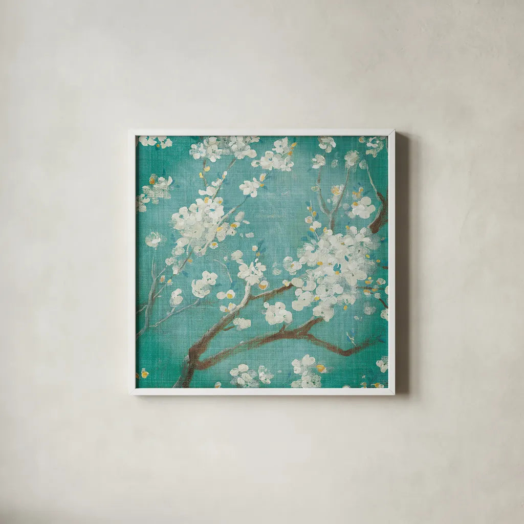 White Cherry Blossoms I on Blue Aged No Bird - 12x12 by Danhui Nai. Shown in a crisp white glass frame for a clean and minimalist style. Available as an archival giclee rolled canvas, fine art paper, or poster print. SKU 13840a.