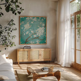 White Cherry Blossoms I on Blue Aged No Bird - 12x12 by Danhui Nai. Shown in a natural wood frame in a cozy modern living room. Available as an archival giclee rolled canvas, fine art paper, or poster print. SKU 13840a.