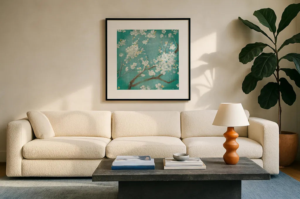 White Cherry Blossoms I on Blue Aged No Bird - 12x12 by Danhui Nai. Displayed in a glass frame with matte in a clean modern living room. Available as an archival giclee rolled canvas, fine art paper, or poster print. SKU 13840a.