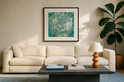 White Cherry Blossoms I on Blue Aged No Bird - 12x12 by Danhui Nai. Displayed in a glass frame with matte in a clean modern living room. Available as an archival giclee rolled canvas, fine art paper, or poster print. SKU 13840a.