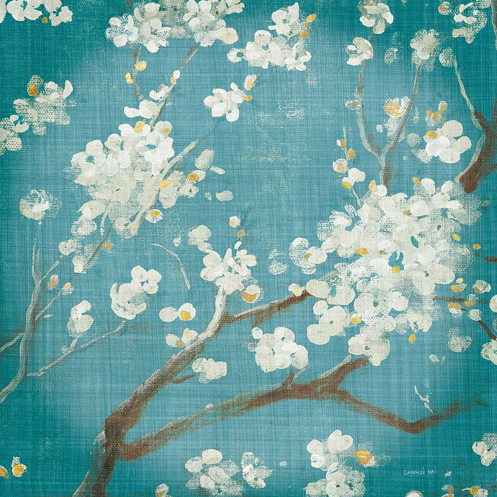 White Cherry Blossoms I on Teal Aged no Bird by Danhui Nai. SKU 31293a. Archival Giclee Fine art print for wall decor.
