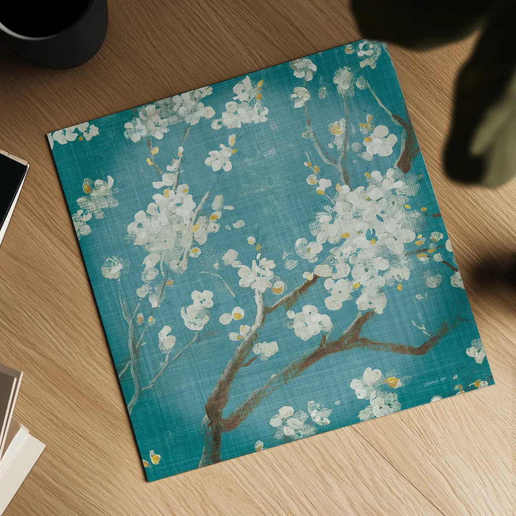 White Cherry Blossoms I on Teal Aged no Bird by Danhui Nai. Shown as a detailed flat fine art print, highlighting archival giclee quality. Available as an archival giclee rolled canvas, fine art paper, or poster print. SKU 31293a.