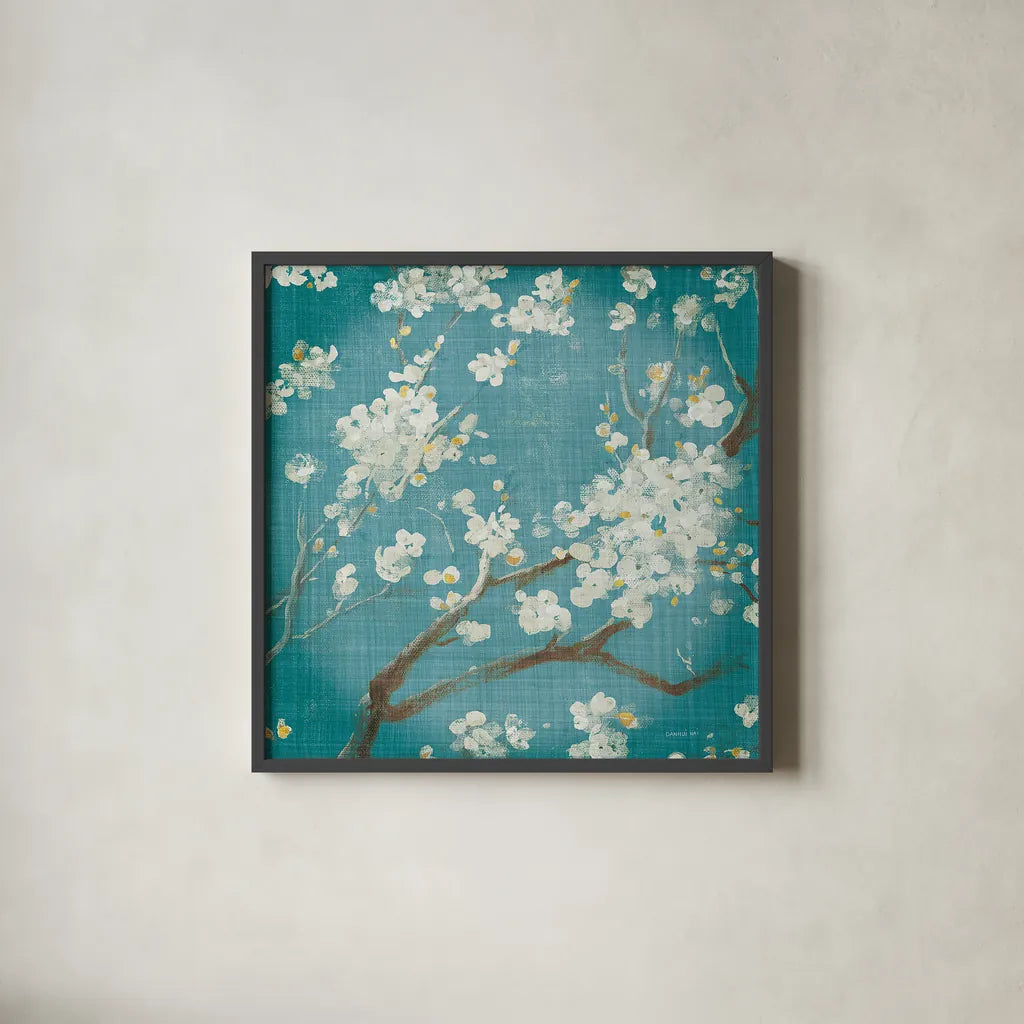 White Cherry Blossoms I on Teal Aged no Bird by Danhui Nai. Shown in a sleek black glass frame for a contemporary gallery look. Available as an archival giclee rolled canvas, fine art paper, or poster print. SKU 31293a.