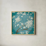 White Cherry Blossoms I on Teal Aged no Bird by Danhui Nai. Shown in a natural wood glass frame for a timeless modern aesthetic. Available as an archival giclee rolled canvas, fine art paper, or poster print. SKU 31293a.