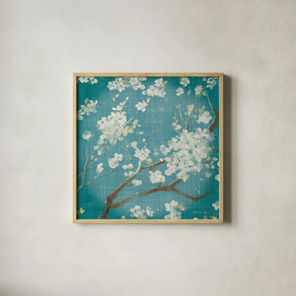 White Cherry Blossoms I on Teal Aged no Bird by Danhui Nai. Shown in a natural wood glass frame for a timeless modern aesthetic. Available as an archival giclee rolled canvas, fine art paper, or poster print. SKU 31293a.