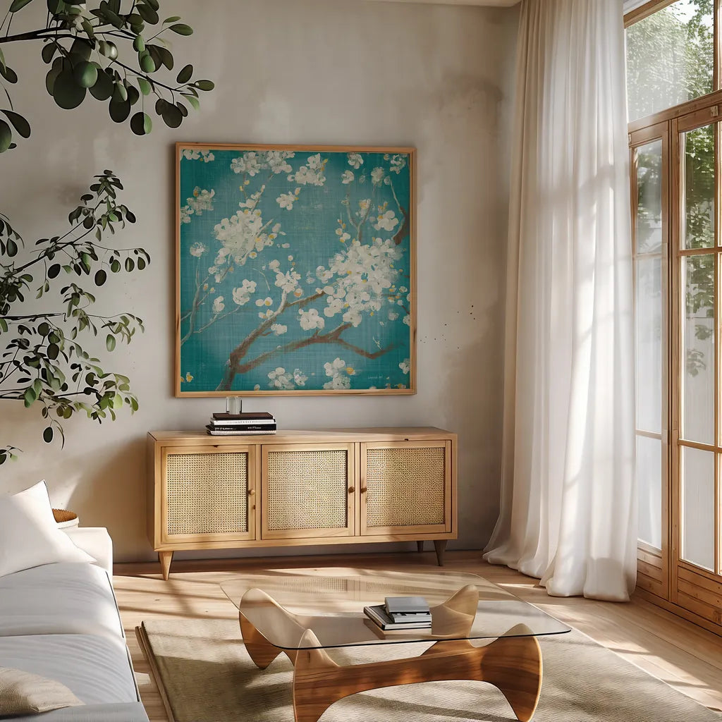 White Cherry Blossoms I on Teal Aged no Bird by Danhui Nai. Shown in a natural wood frame in a cozy modern living room. Available as an archival giclee rolled canvas, fine art paper, or poster print. SKU 31293a.