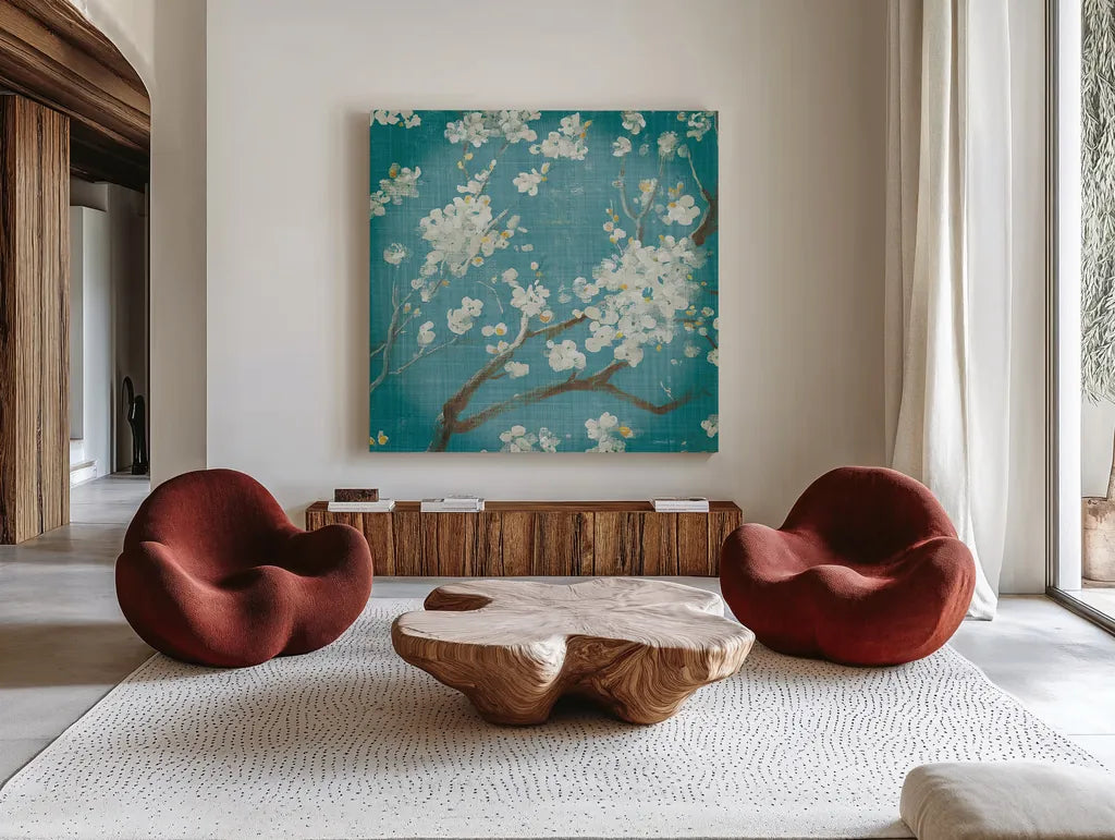 White Cherry Blossoms I on Teal Aged no Bird by Danhui Nai. Shown as extra-large giant wall art in a modern living room. Available as an archival giclee rolled canvas, fine art paper, or poster print. SKU 31293a.