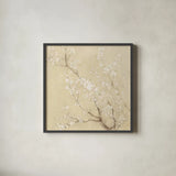White Cherry Blossoms II Linen Crop by Danhui Nai. Shown in a sleek black glass frame for a contemporary gallery look. Available as an archival giclee rolled canvas, fine art paper, or poster print. SKU 64343a.