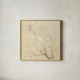 White Cherry Blossoms II Linen Crop by Danhui Nai. Shown in a natural wood glass frame for a timeless modern aesthetic. Available as an archival giclee rolled canvas, fine art paper, or poster print. SKU 64343a.