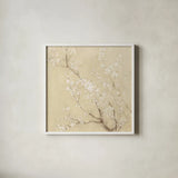 White Cherry Blossoms II Linen Crop by Danhui Nai. Shown in a crisp white glass frame for a clean and minimalist style. Available as an archival giclee rolled canvas, fine art paper, or poster print. SKU 64343a.
