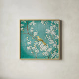 White Cherry Blossoms II on Blue Aged by Danhui Nai. Shown in a natural wood glass frame for a timeless modern aesthetic. Available as an archival giclee rolled canvas, fine art paper, or poster print. SKU 58677a.