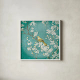 White Cherry Blossoms II on Blue Aged by Danhui Nai. Shown in a crisp white glass frame for a clean and minimalist style. Available as an archival giclee rolled canvas, fine art paper, or poster print. SKU 58677a.