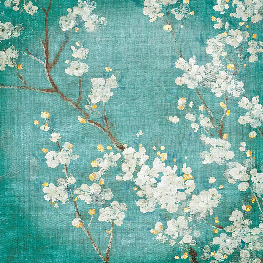 White Cherry Blossoms II on Blue Aged No Bird - 12x12 by Danhui Nai. SKU 13841a. Archival Giclee Fine art print for wall decor.