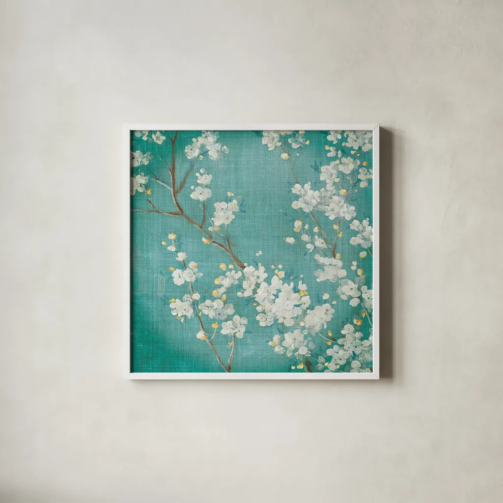 White Cherry Blossoms II on Blue Aged No Bird - 12x12 by Danhui Nai. Shown in a crisp white glass frame for a clean and minimalist style. Available as an archival giclee rolled canvas, fine art paper, or poster print. SKU 13841a.