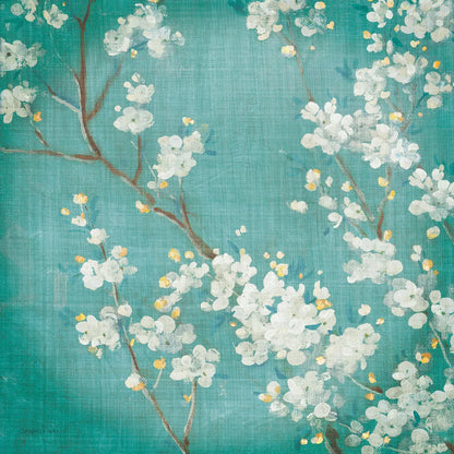 White Cherry Blossoms II on Blue Aged No Bird by Danhui Nai. SKU 14009a. Archival Giclee Fine art print for wall decor.