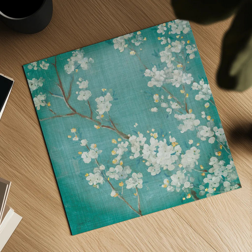 White Cherry Blossoms II on Blue Aged No Bird by Danhui Nai. Shown as a detailed flat fine art print, highlighting archival giclee quality. Available as an archival giclee rolled canvas, fine art paper, or poster print. SKU 14009a.
