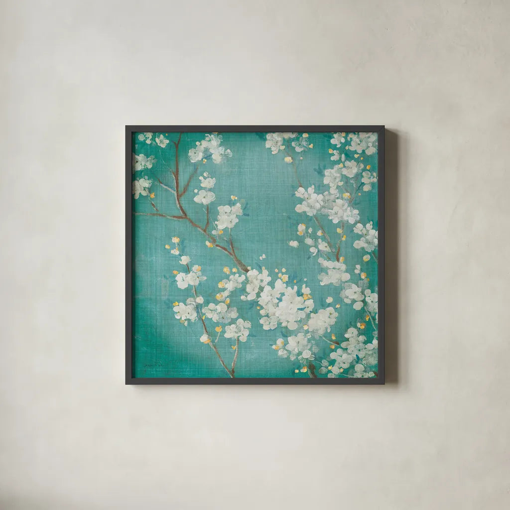 White Cherry Blossoms II on Blue Aged No Bird by Danhui Nai. Shown in a sleek black glass frame for a contemporary gallery look. Available as an archival giclee rolled canvas, fine art paper, or poster print. SKU 14009a.