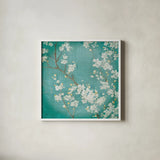White Cherry Blossoms II on Blue Aged No Bird by Danhui Nai. Shown in a crisp white glass frame for a clean and minimalist style. Available as an archival giclee rolled canvas, fine art paper, or poster print. SKU 14009a.