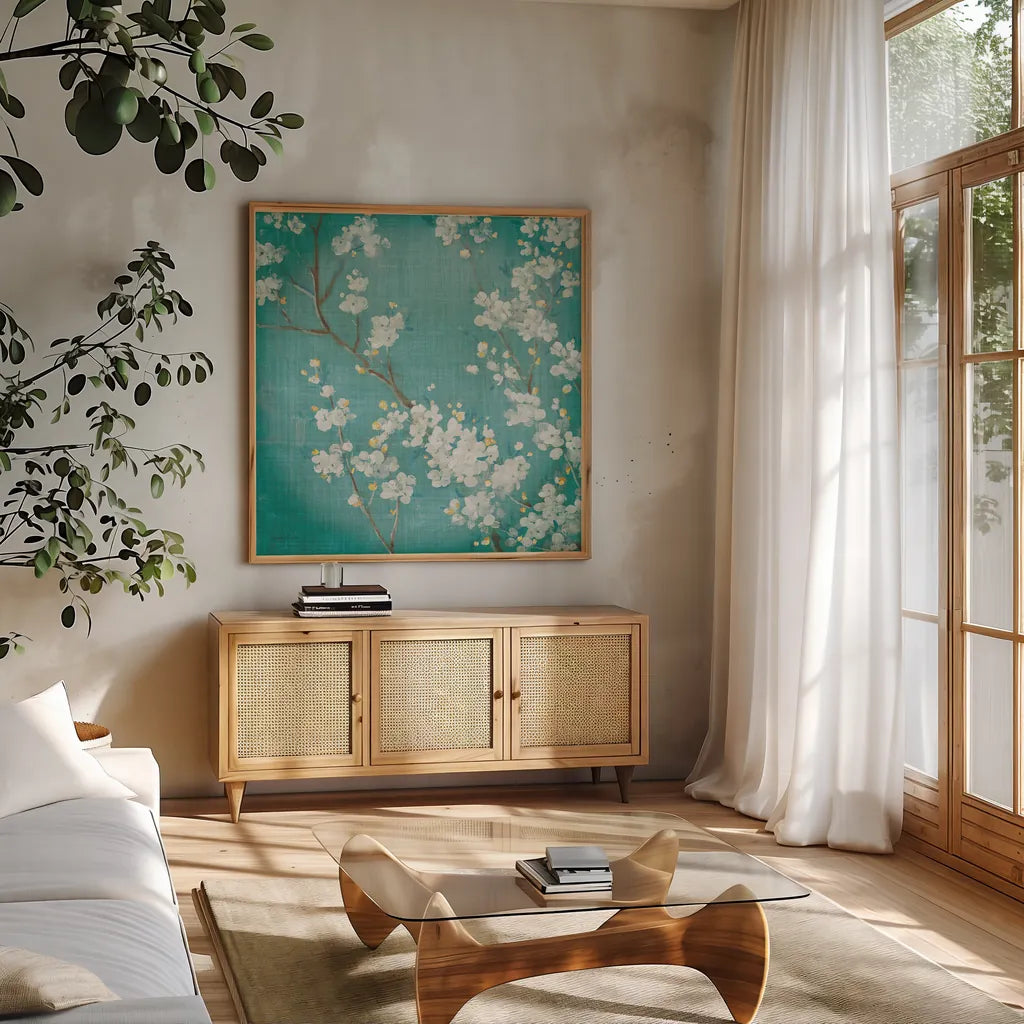White Cherry Blossoms II on Blue Aged No Bird by Danhui Nai. Shown in a natural wood frame in a cozy modern living room. Available as an archival giclee rolled canvas, fine art paper, or poster print. SKU 14009a.