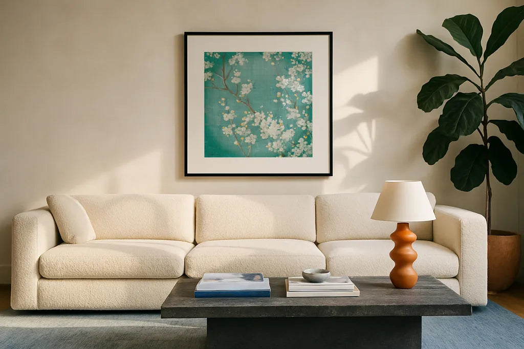 White Cherry Blossoms II on Blue Aged No Bird by Danhui Nai. Displayed in a glass frame with matte in a clean modern living room. Available as an archival giclee rolled canvas, fine art paper, or poster print. SKU 14009a.