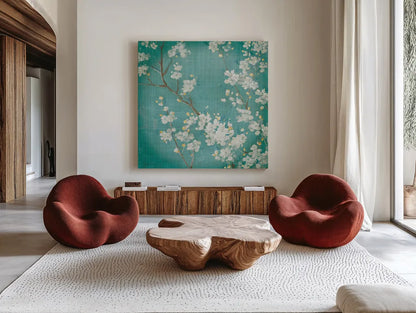 White Cherry Blossoms II on Blue Aged No Bird by Danhui Nai. Shown as extra-large giant wall art in a modern living room. Available as an archival giclee rolled canvas, fine art paper, or poster print. SKU 14009a.