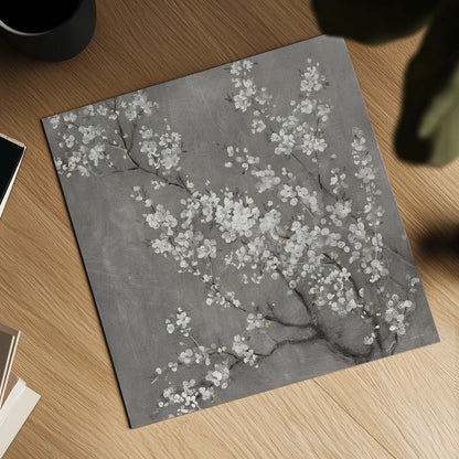 White Cherry Blossoms II on Grey Crop by Danhui Nai. Shown as a detailed flat fine art print, highlighting archival giclee quality. Available as an archival giclee rolled canvas, fine art paper, or poster print. SKU 30777a.