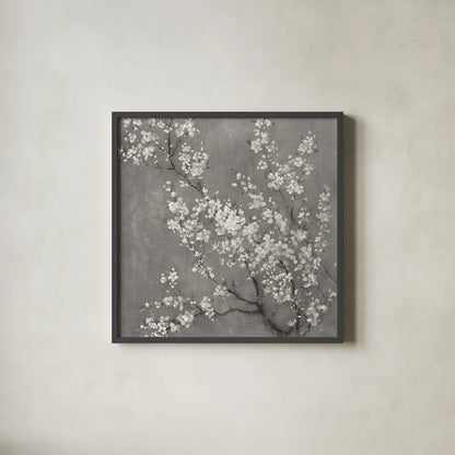 White Cherry Blossoms II on Grey Crop by Danhui Nai. Shown in a sleek black glass frame for a contemporary gallery look. Available as an archival giclee rolled canvas, fine art paper, or poster print. SKU 30777a.