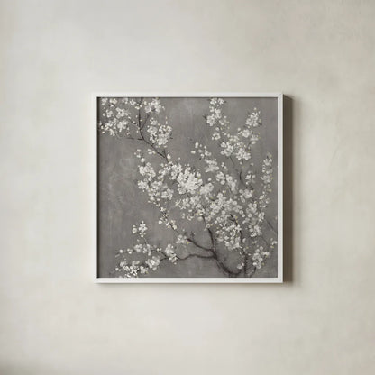 White Cherry Blossoms II on Grey Crop by Danhui Nai. Shown in a crisp white glass frame for a clean and minimalist style. Available as an archival giclee rolled canvas, fine art paper, or poster print. SKU 30777a.
