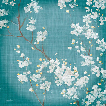 White Cherry Blossoms II on Teal Aged no Bird by Danhui Nai. SKU 31294a. Archival Giclee Fine art print for wall decor.
