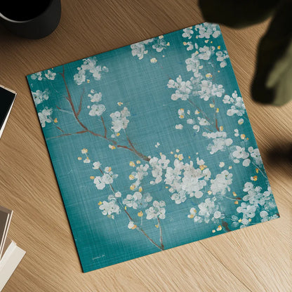 White Cherry Blossoms II on Teal Aged no Bird by Danhui Nai. Shown as a detailed flat fine art print, highlighting archival giclee quality. Available as an archival giclee rolled canvas, fine art paper, or poster print. SKU 31294a.