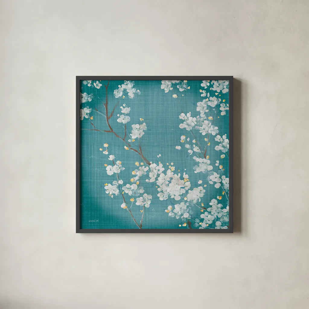 White Cherry Blossoms II on Teal Aged no Bird by Danhui Nai. Shown in a sleek black glass frame for a contemporary gallery look. Available as an archival giclee rolled canvas, fine art paper, or poster print. SKU 31294a.