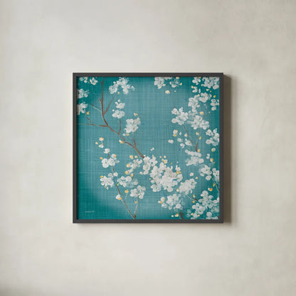 White Cherry Blossoms II on Teal Aged no Bird by Danhui Nai. Shown in a sleek black glass frame for a contemporary gallery look. Available as an archival giclee rolled canvas, fine art paper, or poster print. SKU 31294a.
