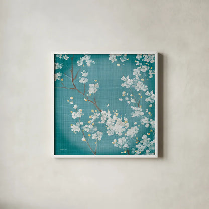 White Cherry Blossoms II on Teal Aged no Bird by Danhui Nai. Shown in a crisp white glass frame for a clean and minimalist style. Available as an archival giclee rolled canvas, fine art paper, or poster print. SKU 31294a.