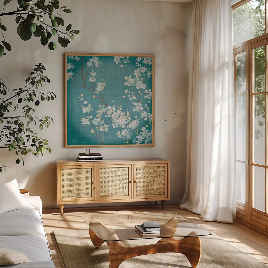 White Cherry Blossoms II on Teal Aged no Bird by Danhui Nai. Shown in a natural wood frame in a cozy modern living room. Available as an archival giclee rolled canvas, fine art paper, or poster print. SKU 31294a.