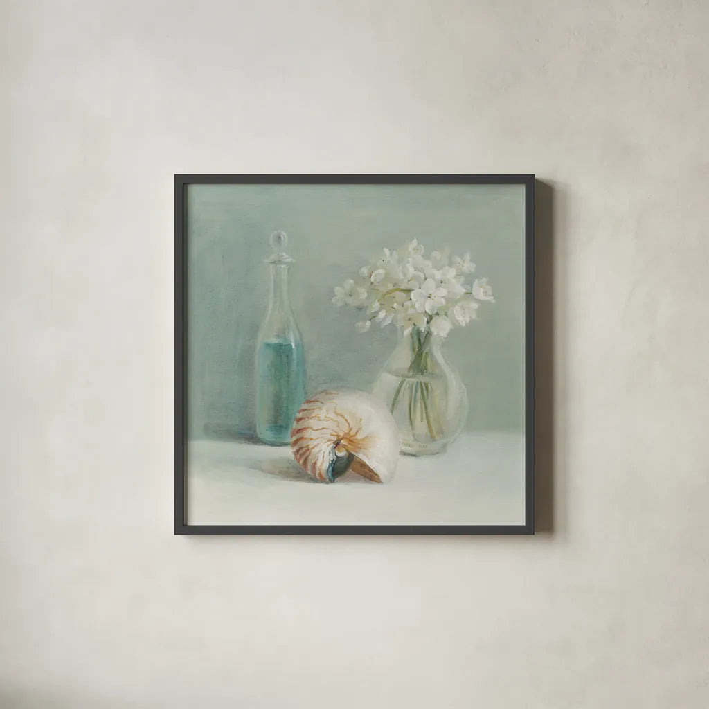 White Flower Spa by Danhui Nai. Shown in a sleek black glass frame for a contemporary gallery look. Available as an archival giclee rolled canvas, fine art paper, or poster print. SKU 5599a.