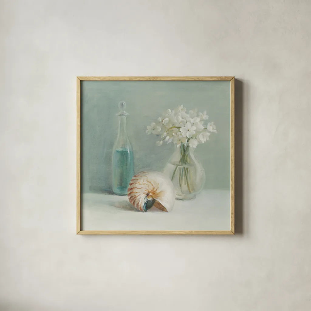 White Flower Spa by Danhui Nai. Shown in a natural wood glass frame for a timeless modern aesthetic. Available as an archival giclee rolled canvas, fine art paper, or poster print. SKU 5599a.