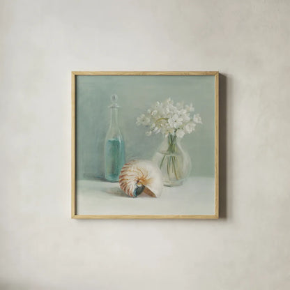 White Flower Spa by Danhui Nai. Shown in a natural wood glass frame for a timeless modern aesthetic. Available as an archival giclee rolled canvas, fine art paper, or poster print. SKU 5599a.